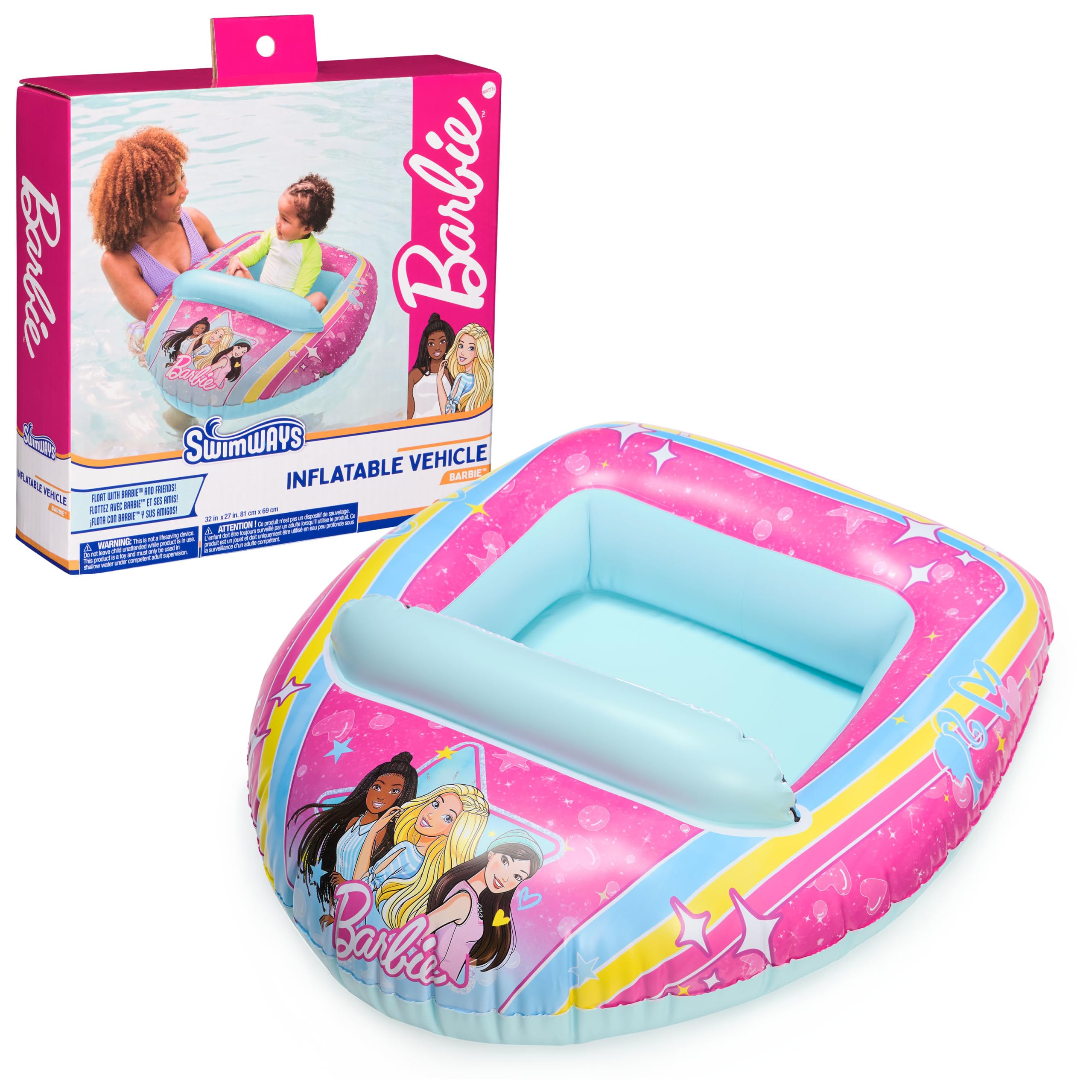 Swimways Barbie Inflatable Water Boat Vehicle, Inflatable Pool Floats and Kids Pool Toys, Barbie Pool Party Supplies for Kids Aged 3 & Up