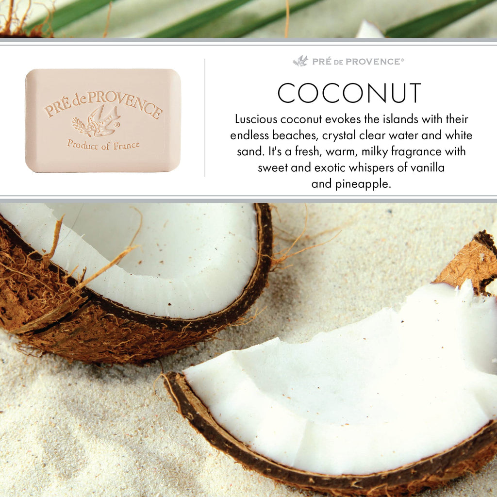 Pre de Provence Artisanal Soap Bar, Enriched with Organic Shea Butter, Natural French Skincare, Quad Milled for Rich Smooth Lather, 8.8 Ounce, Coconut