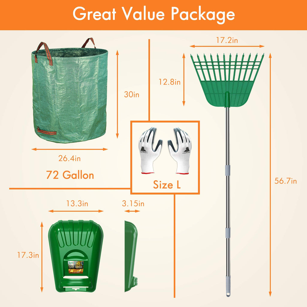Gardzen Plastic Large Leaf Scoop & 12 Tines Gardening Leaf Rake Set, Comes with 72 Gallon Garden Bag