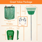 Gardzen Plastic Large Leaf Scoop & 12 Tines Gardening Leaf Rake Set, Comes with 72 Gallon Garden Bag