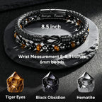 Crystal Infinity Cuff Bracelet Gifts for Men Him-Triple Protection Hematite Black Obsidian Tiger Eye Gemstone Beaded Leather Cuff Bracelets Lettering Love You Forever Healing Gifts for Husband Father's Day