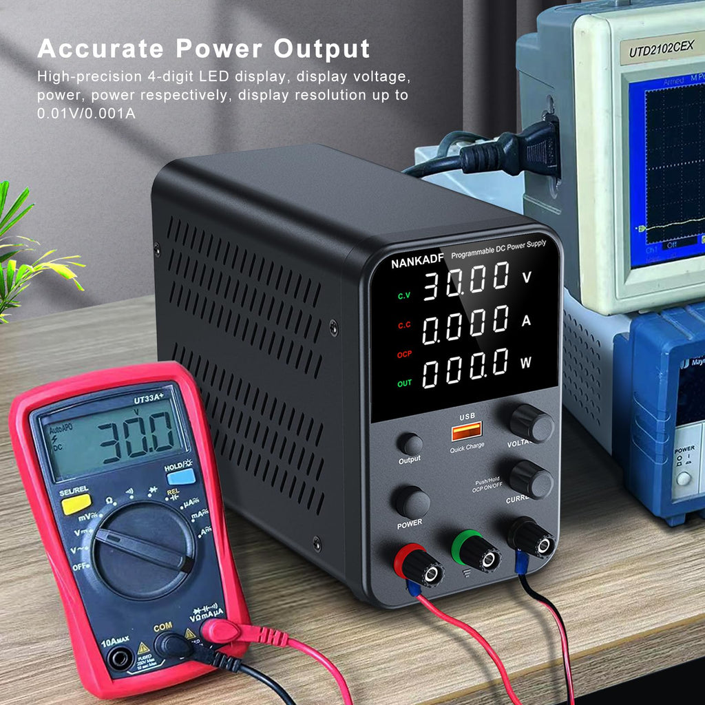 DC Power Supply Variable, Bench Power Supply with Encoder Adjustment Knob, Output Enable/Disable Button, Adjustable Power Supplies with USB Quick-Charge, Short Circuit Alam (30V 10A Black)