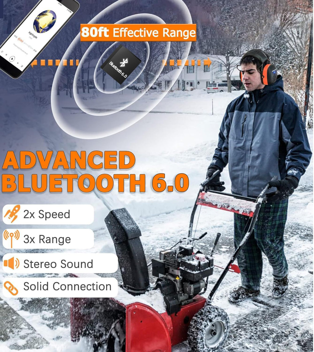 PROHEAR 037 Bluetooth 6.0 Hearing Protection Headphones with Rechargeable 1500mAh Battery, 30dB SNR Safety Noise Reduction Ear Muffs with 120H Playtime for Mowing, Workshops, Snowblowing - Orange