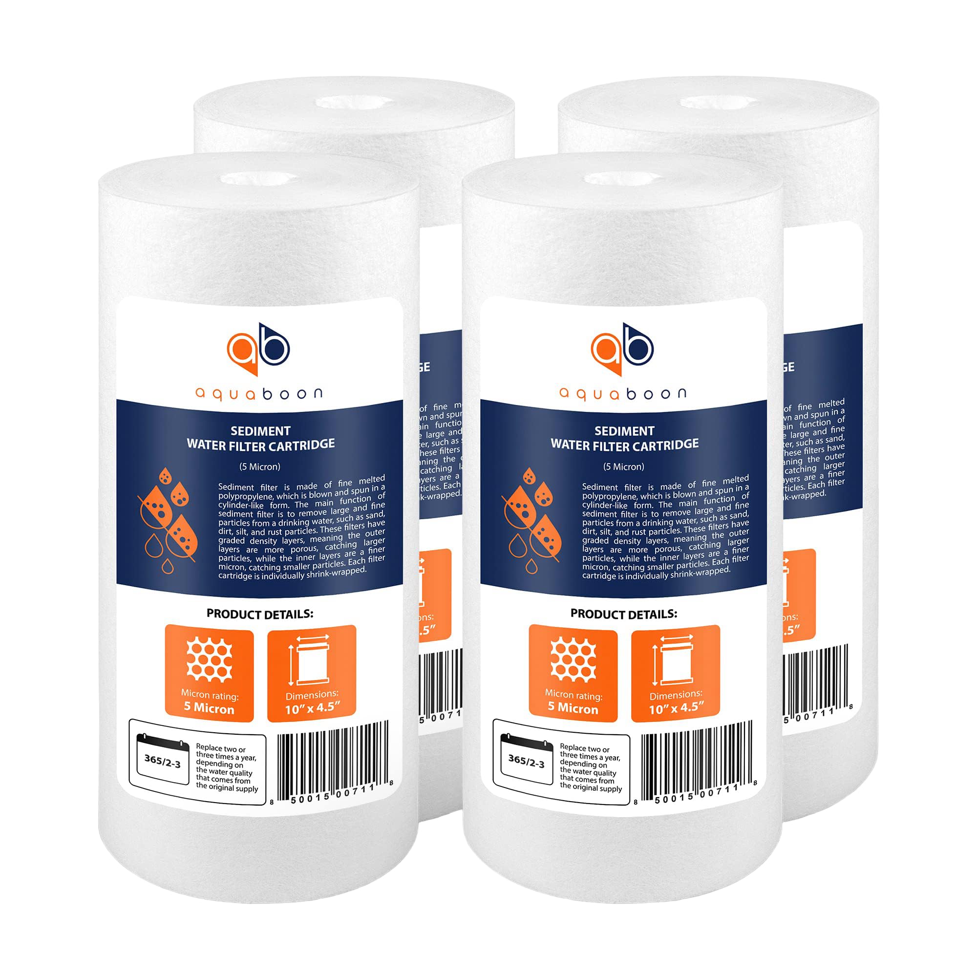 Aquaboon 5 Micron 10 x 4.5 Well Water Sediment Filter Replacement Whole House Water Filter Cartridge Compatible with DGD-5005, WFHD13001B, 4-Pack
