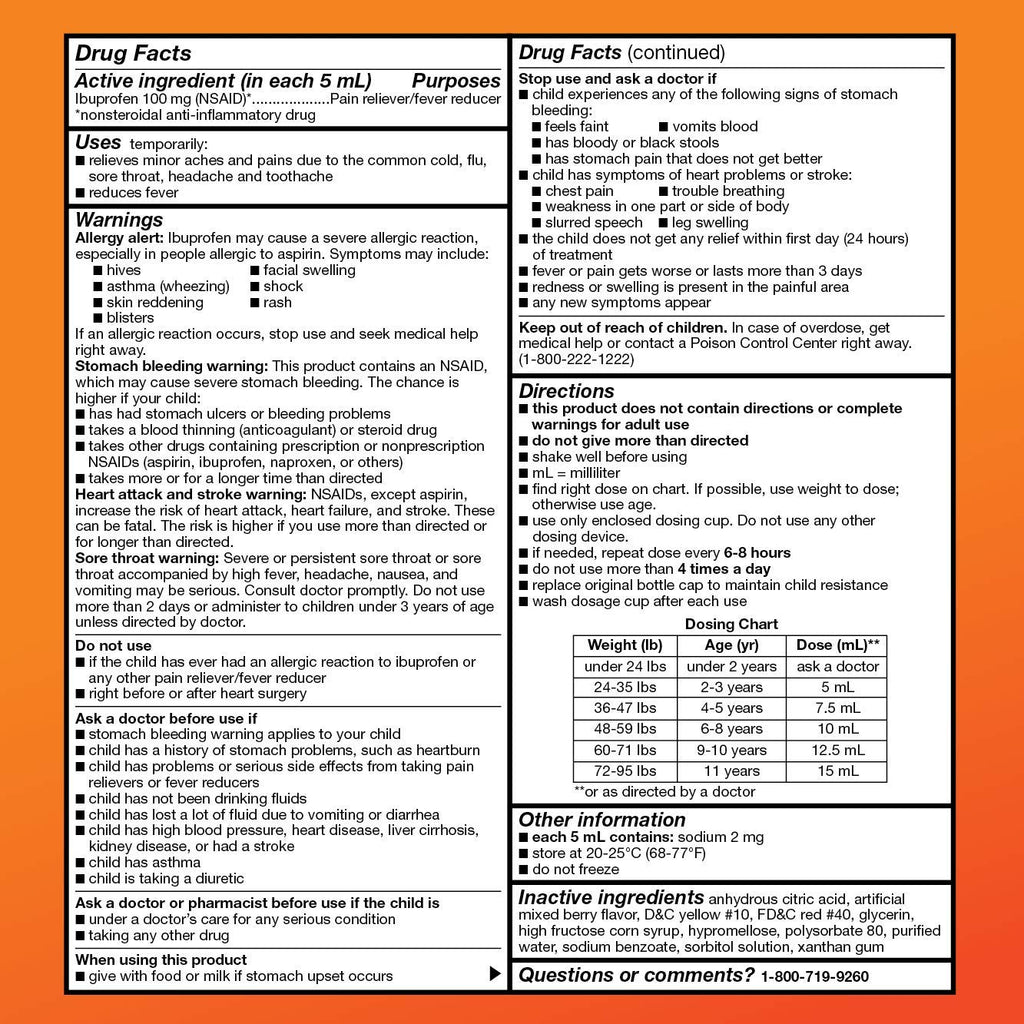 Amazon Basic Care Children's Ibuprofen Oral Suspension, 100 mg per 5 mL, Pain Reliever and Fever Reducer, Berry Flavor, for Sore Throat, Headache Relief and More, 8 fl oz (Pack of 2)