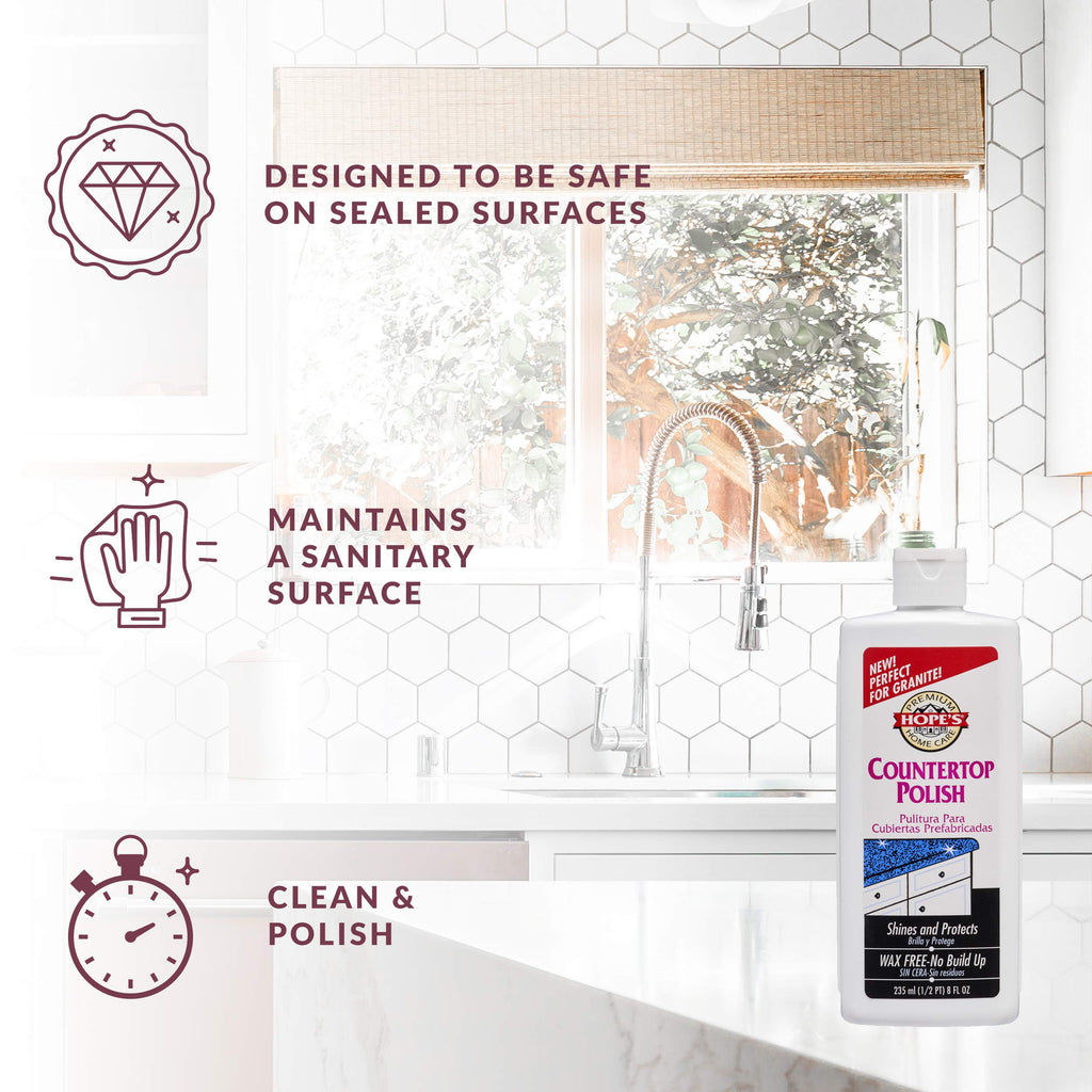 HOPE'S Countertop Restoration Polish, Streak-Free Kitchen Counter Cleaner, No Buildup on Countertops, Quartz, Marble, Corian, Composite, and Granite Polish, 8 Fl Oz, Pack of 4