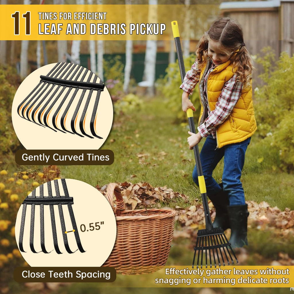 Leaf Rake, Small Rake for Leaves with 30"-60" Adjustable Long Handle, 11 Tines 8.5" Wide, Metal Rakes Heavy Duty for Lawns, Gardening, Yard, Camping, Shrub, Grass, Bush, Weed, Debris