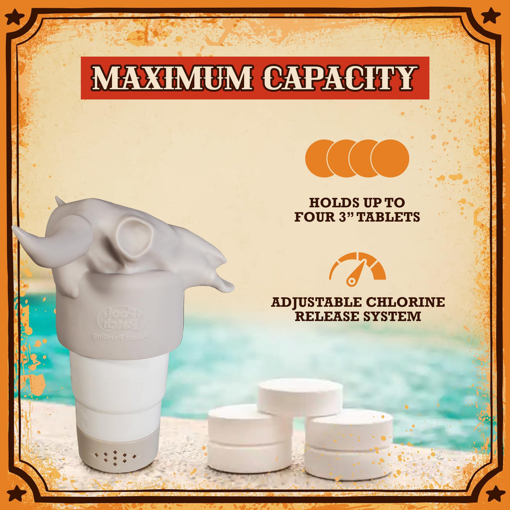 Cow Skull Floating Pool Chlorine Dispenser - Large Capacity Floater for 3'' Tabs, Adjustable Flow, Unique Added Buoyancy, Weather Durable PP & ABS