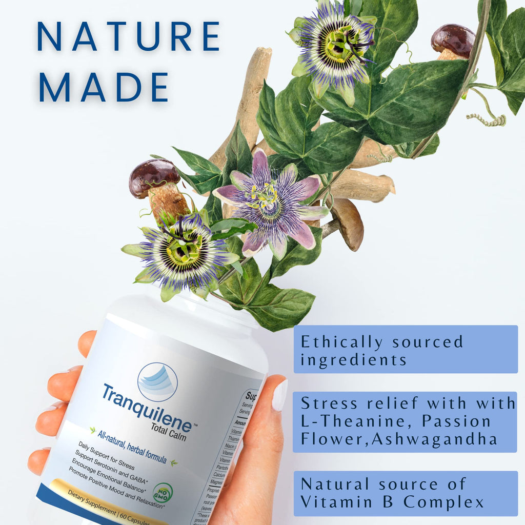 Tranquility Labs Tranquilene Total Calm - Stress Relief - All Natural Herbal Supplement - 60 Capsules - Extra Strength with Ashwagandha, Bacopa, B-Complex & More