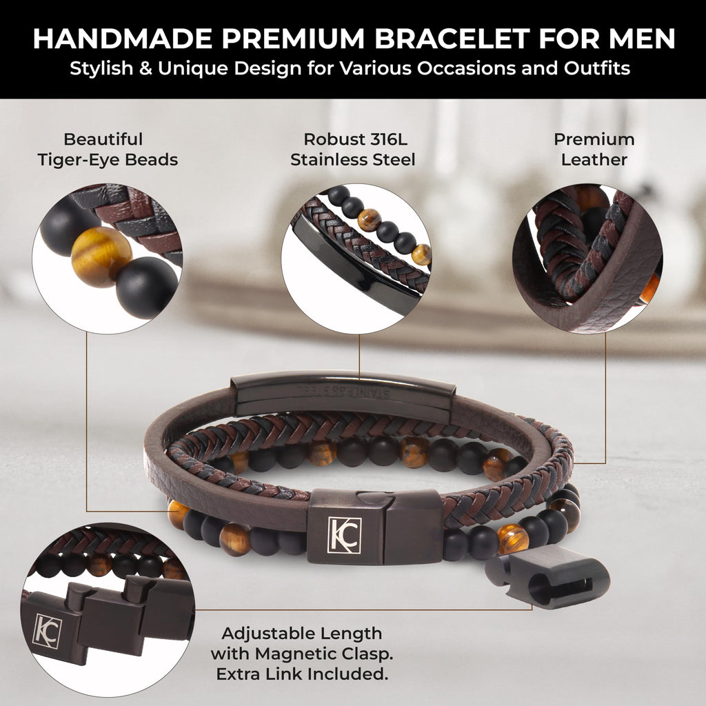 Premium Men’s Bracelet | Leather Bracelet for Men | Beaded Bracelets Black Onyx & Tiger-Eye Beads | Brown Leather Jewelry with Adjustable Stainless-Steel Clasp | Gift Dad Husband Son Boyfriend