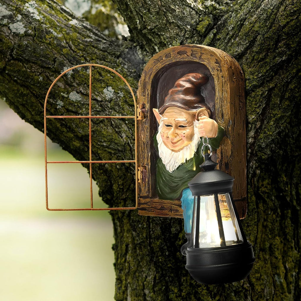 ZioWio Garden Gnome Statue, Tree Faces Decor Outdoor with Solar Lantern