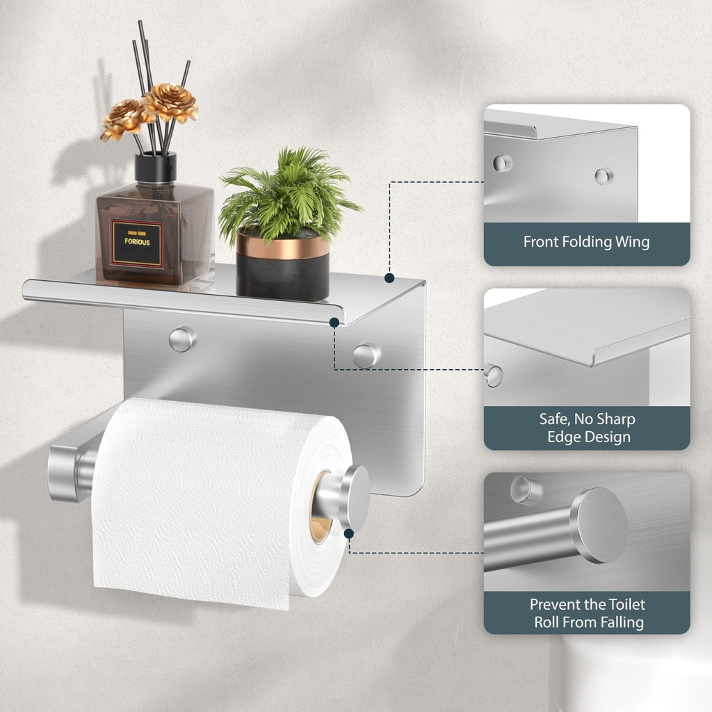 FORIOUS Toilet Paper Holder with Shelf, Adhesive or Screw, Commercial