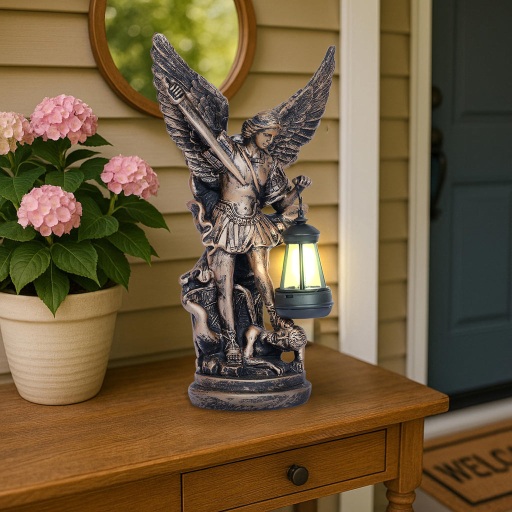 Solar San Miguel Arcangel Outdoor Garden Decor Statues 12.4" Solar St Michael the Archangel Satue for Yard Patio Lawn Porch Decorations Resin St Michael Figurine Religious Collection Sculptures Gifts