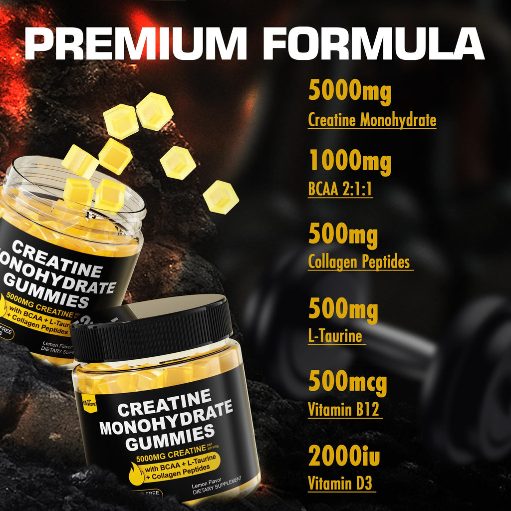 EnvyCure Creatine Monohydrate Gummies for Men & Women - with BCAA, Collagen Peptides, L-Taurine, Vitamin B12, D3, Creatine Monohydrate 5000mg (5g) Per Serving, Lemon Flavor, Sugar Free, 1 Pack