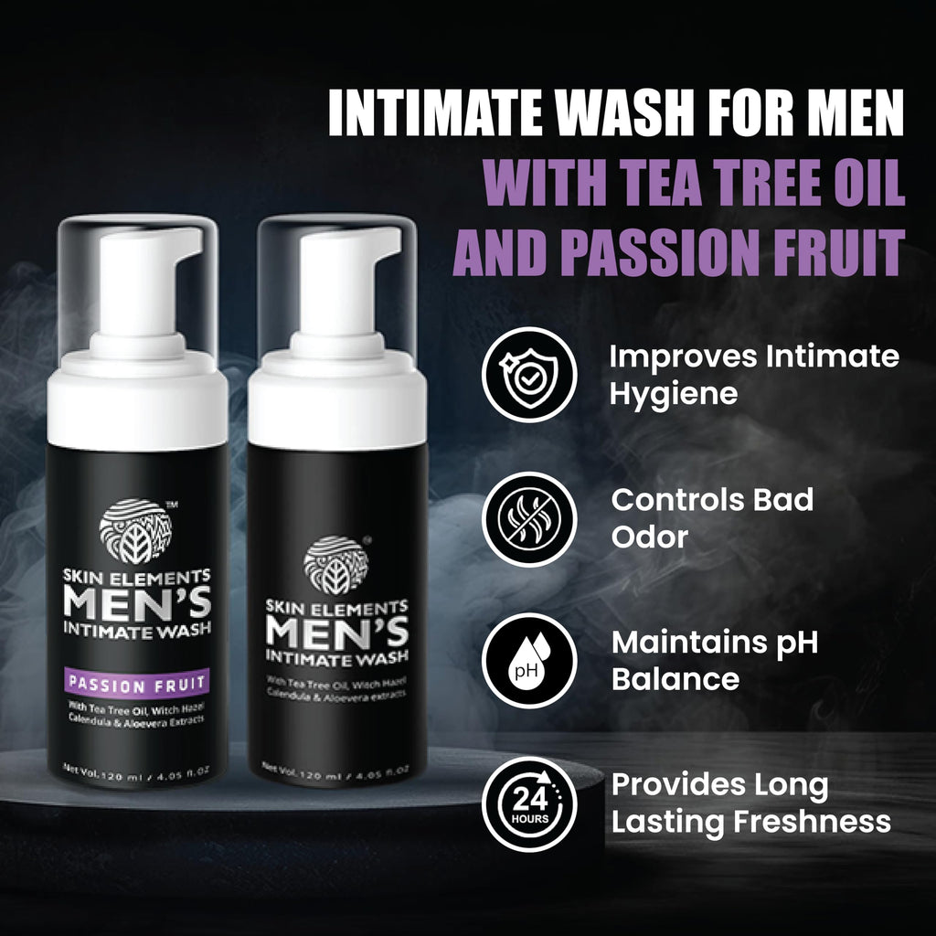 Skin Elements Men's Intimate Wash Combo | Pack of 2 | Jabon Intimo Hombre | Tea Tree Oil + Passion Fruit | pH Balanced Foaming Wash | Soothes, Refreshes & controls Bad Odor | (240 ml)