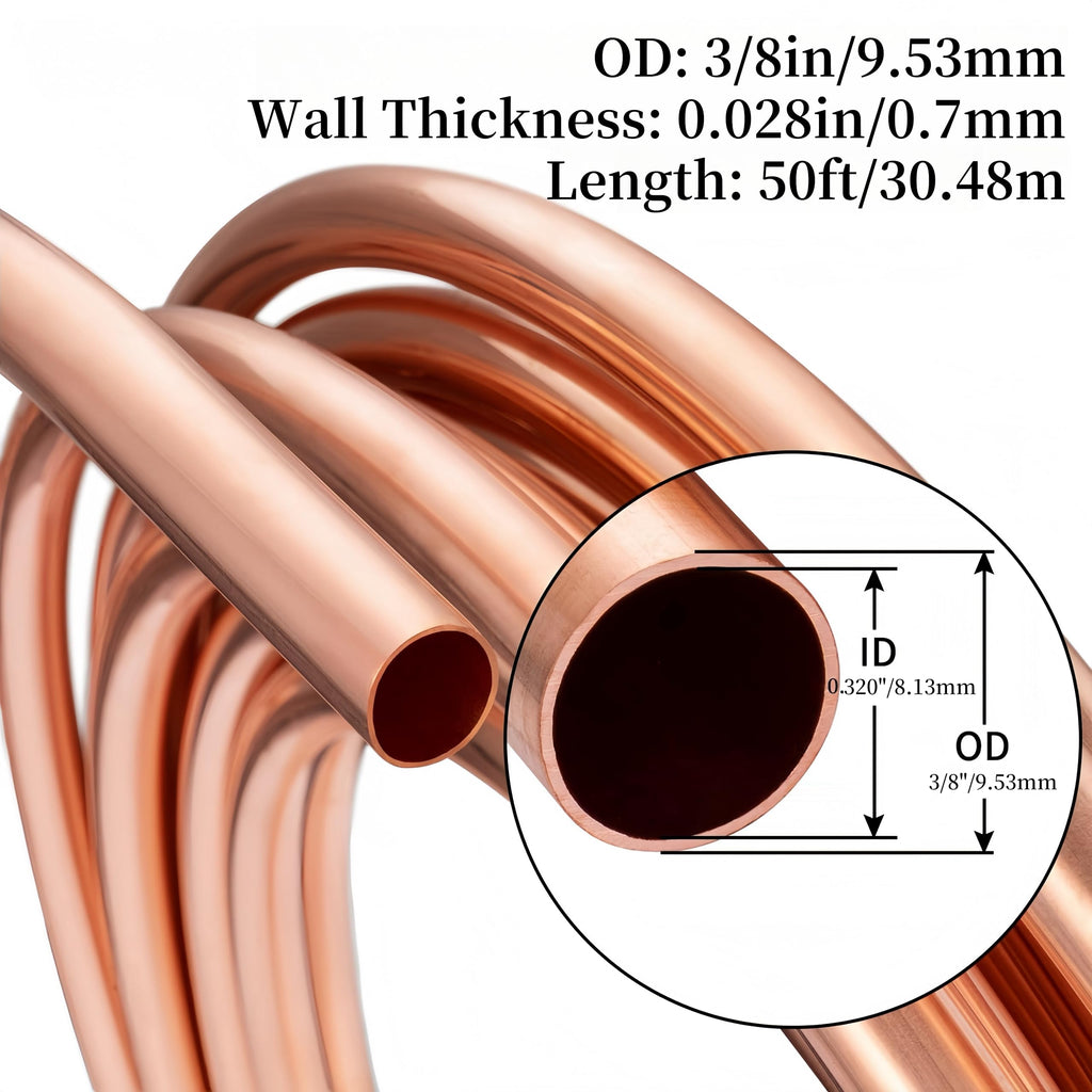 BELLA BAYS Copper Tubing 3/8" OD x 0.320" ID x 50 ft, 99.9% C12200 ASTM B280 Refrigeration ACR Tubing Seamless Soft Coil Round T2 Pure Copper Tube for HVAC System, Refrigerator, Industry, DIY