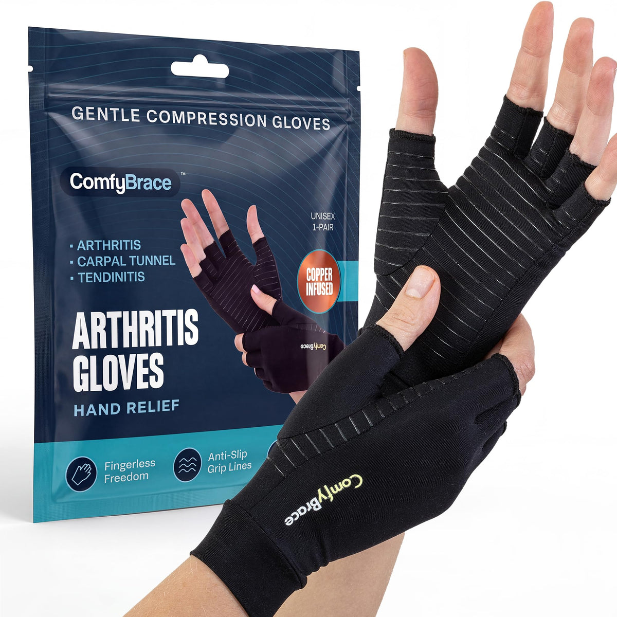 ComfyBrace Copper Arthritis Gloves, Hand Compression Gloves for Women & Men