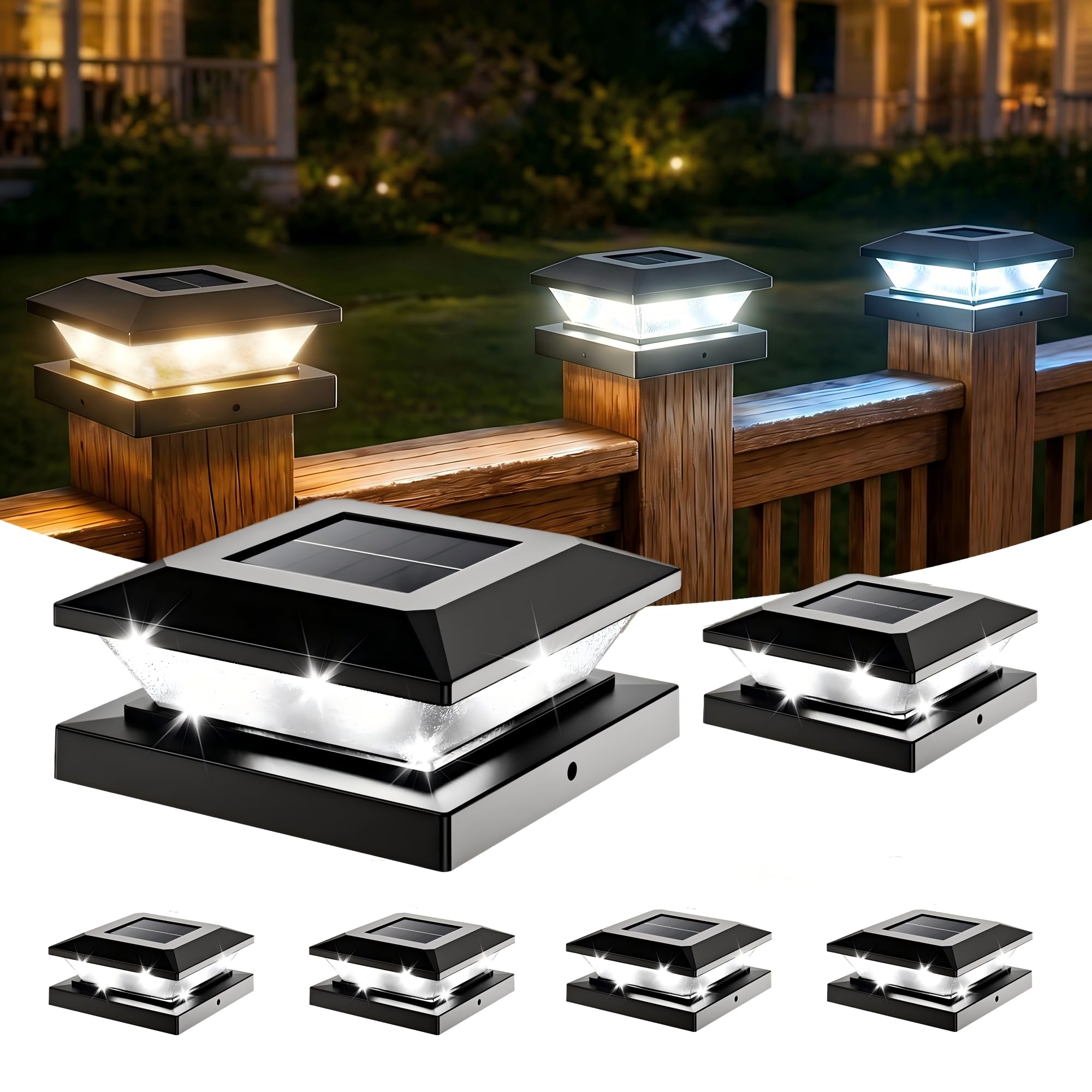 4x4-Solar-Post-Cap-Lights-Outdoor 6 Pack Solar Powered Fence Post Lights 3 Lighting Modes Deck Postcap Light for 3.5x3.5 4x4 Wood/Vinyl Posts LED Waterproof Garden Patio Porch Posts Lighting Black