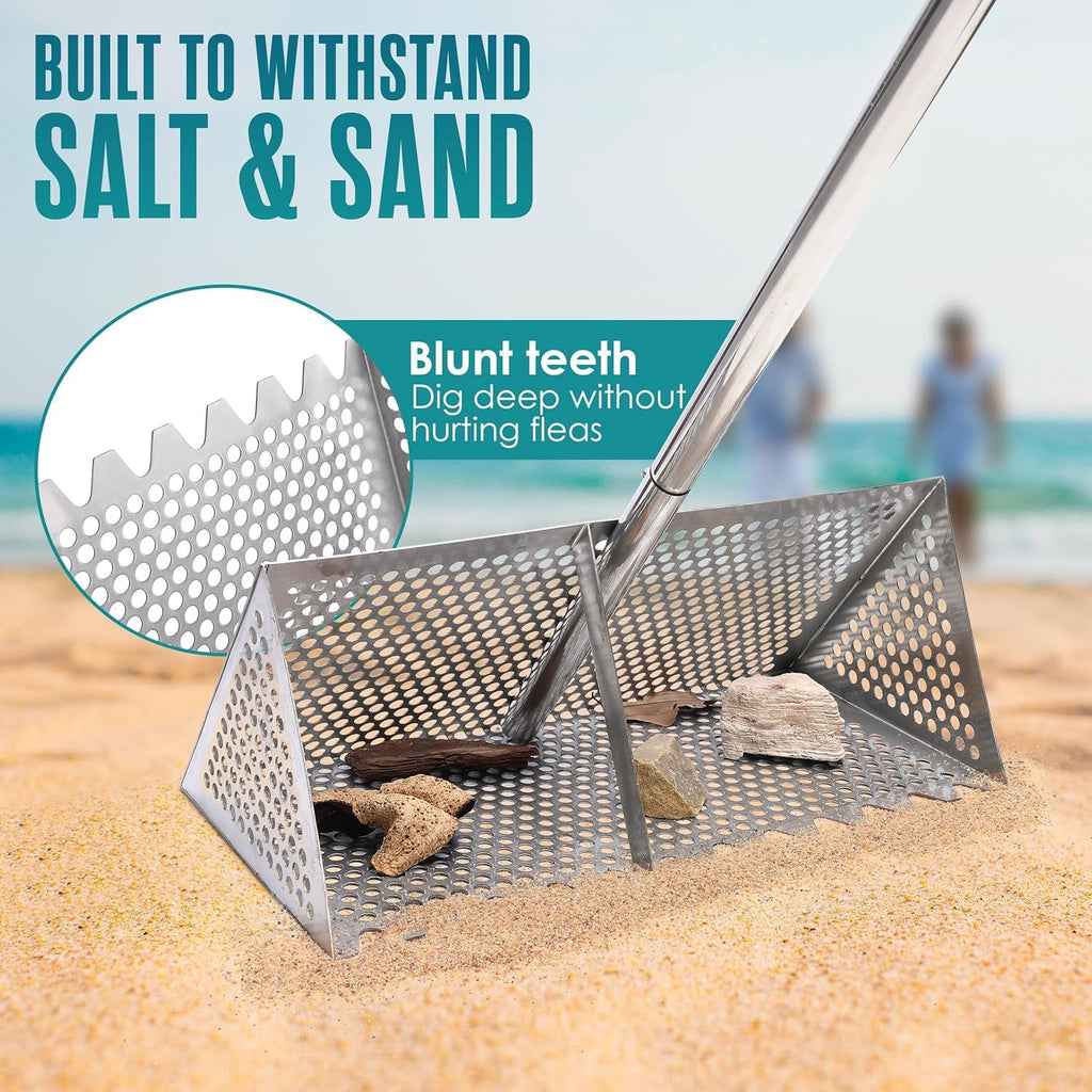 MENGBEI Sand Flea Rake, Beach Treasure Rake Stainless Steel – 16" Wide Stainless Steel Sand Sifter for Shark Teeth, Shells & Sand Crabs, Collapsible Design with Drain Screen