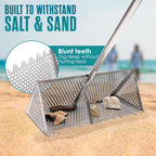 MENGBEI Sand Flea Rake, Beach Treasure Rake Stainless Steel – 16" Wide Stainless Steel Sand Sifter for Shark Teeth, Shells & Sand Crabs, Collapsible Design with Drain Screen