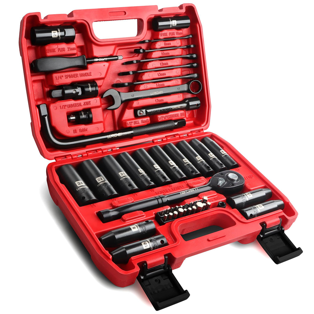 LLNDEI 1/2" Dr. Ratchet Impact Socket Wrench Set,Deep Sockets(8-24mm),Spark Plug Socket(16,21mm),49PCS, CR-V, Metric, With Combination Wrenches (8-17mm)