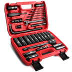 LLNDEI 1/2" Dr. Ratchet Impact Socket Wrench Set,Deep Sockets(8-24mm),Spark Plug Socket(16,21mm),49PCS, CR-V, Metric, With Combination Wrenches (8-17mm)