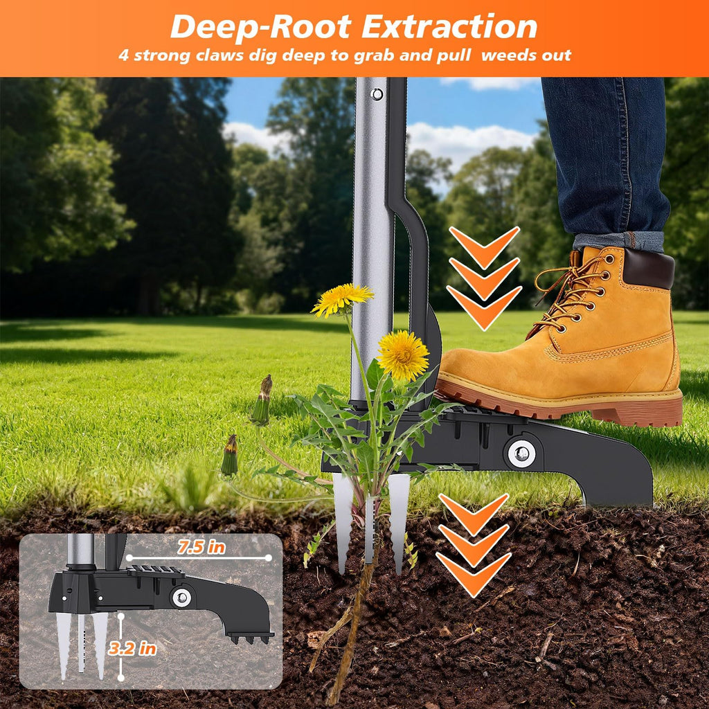 Aishkimo Stand Up Weed Puller Tool - 4-Claw Steel Head Hand Weeding Tool - 40" Retractable Handle with Easy-Eject Mechanism for Dandelions, Clover, No Bending or Kneeling