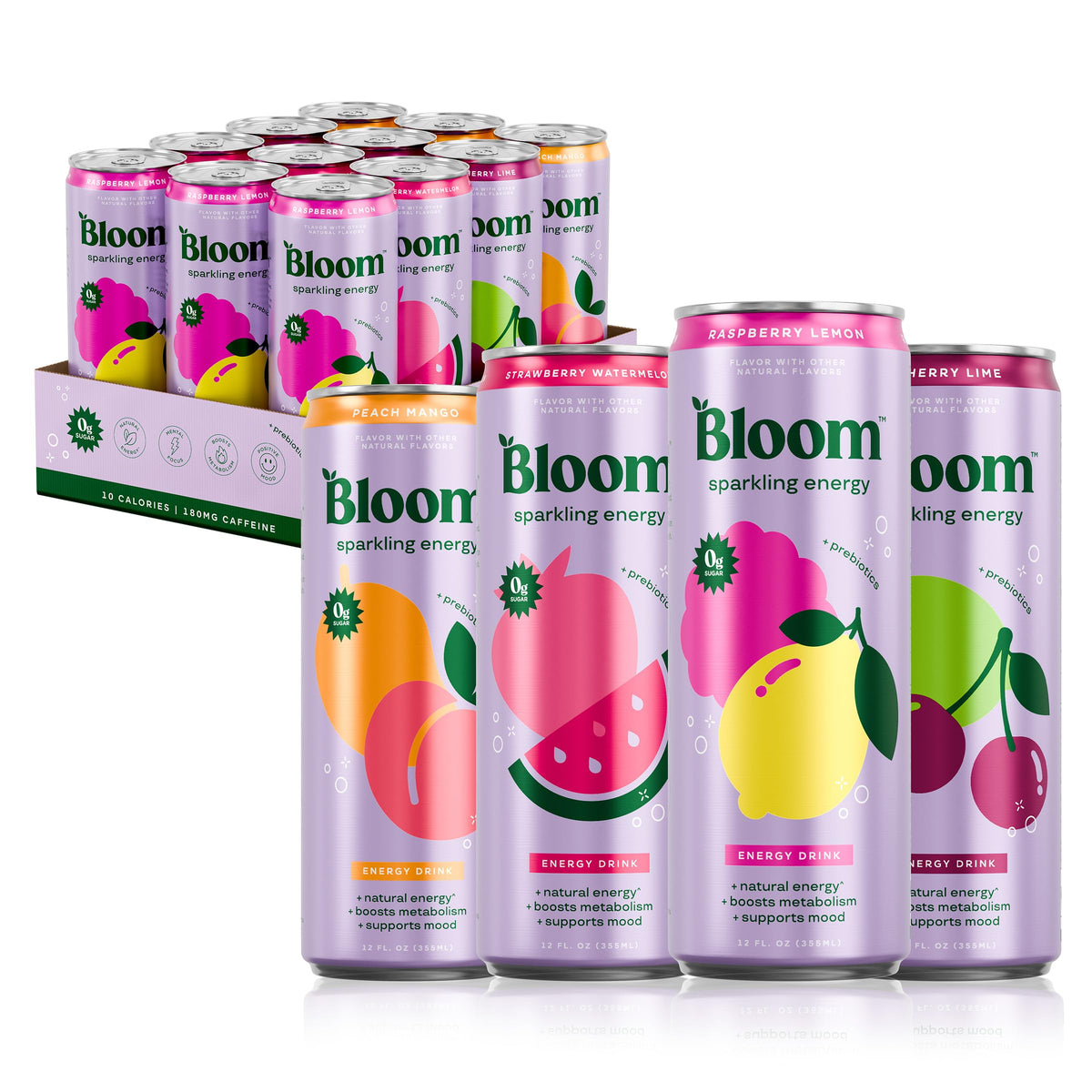 Bloom Nutrition Sparkling Energy Drink, Variety, 180mg Caffeine 12oz 12 Pack