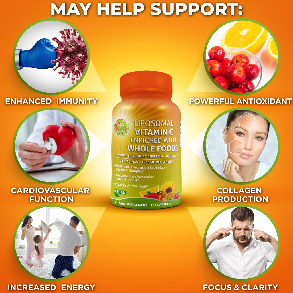 Liposomal Vitamin C Capsules - 1500mg - Made with Organic Acerola Cherries & Camu Camu, High Potency Vitamin C Liposomal - Immune Support Supplement, Enhanced Absorption & Bioavailability - 180 Count