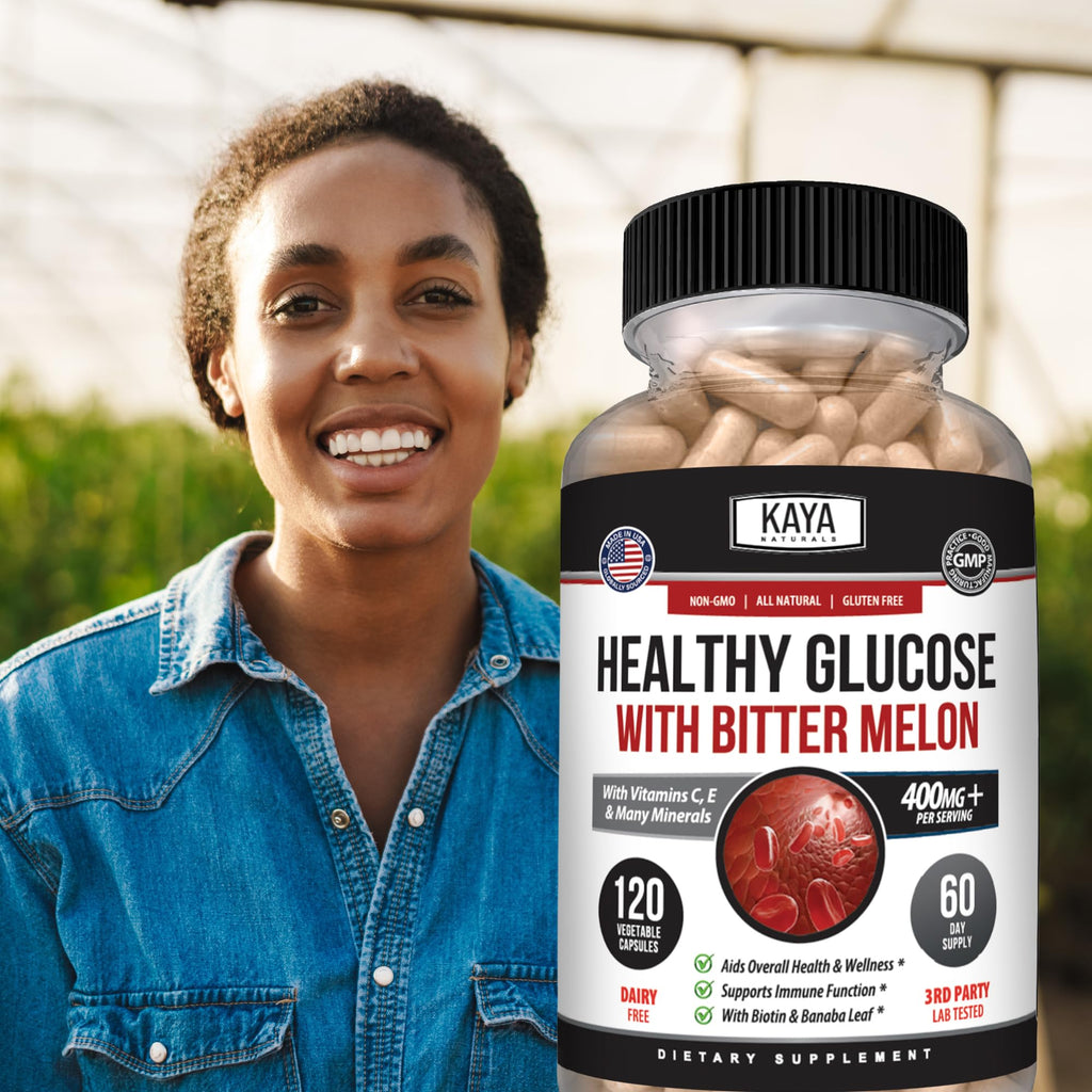 Kaya Naturals Healthy Gluco with Bittermelon Supplement | Support Healthy Levels and Function, 20 Herbs Vitamins and Minerals, Alpha Lipoic Acide, Cinnamon, Vitamin C & E, Non-GMO (120 Count)