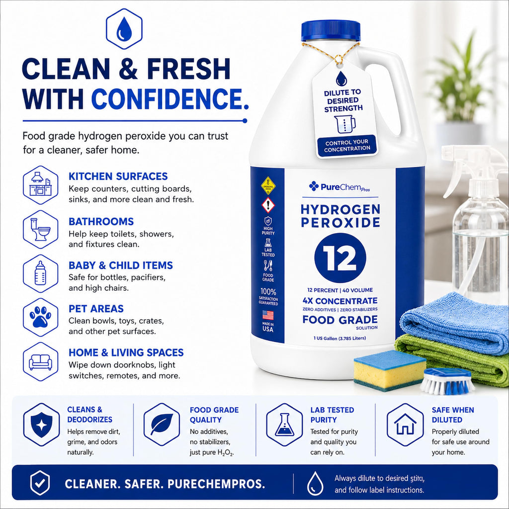 12% Concentrated Food Grade Hydrogen Peroxide (4 Gallons) - Cleaning Solution for Home, Laundry, Bath, Garden and More - derived from 35% Food Grade Hydrogen Peroxide