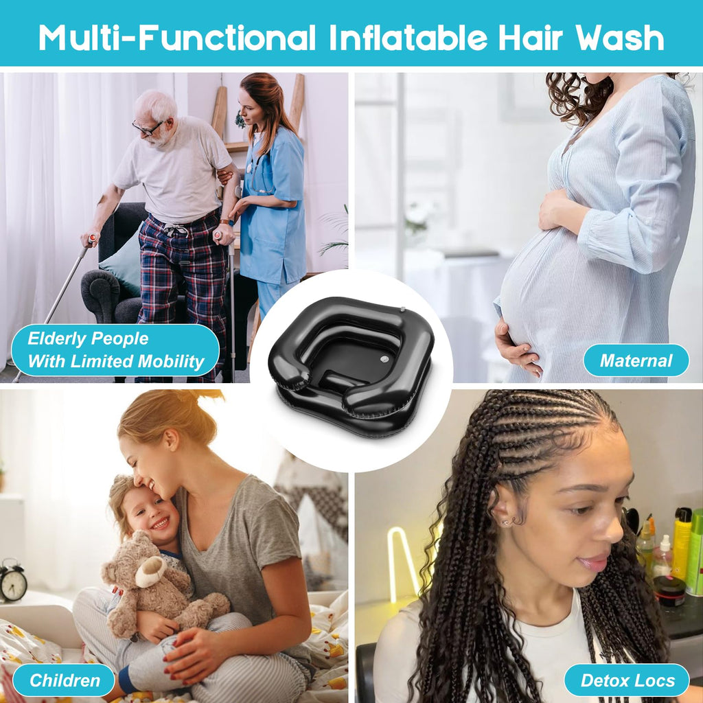 Inflatable Shampoo Basin, Loc Detox Tub for Dreads, Shampoo Buddy Bowl for Bedridden, Disabled,Injured with 2.5 GL Portable Water Shower Bag（Black）