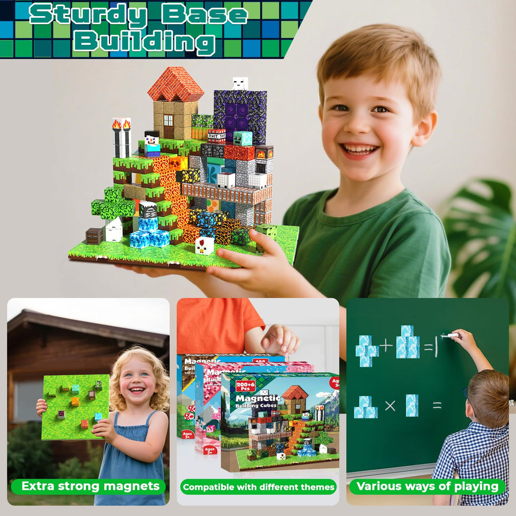 200PCS Magnetic Building Blocks with 6 Baseplate, Magnetic Blocks Cubes for Kids Ages 4-8, Stacking Magnet Blocks STEM Building Toys for Boys Girls Ages 3 4 5 6 7 8-12 Birthday Gifts