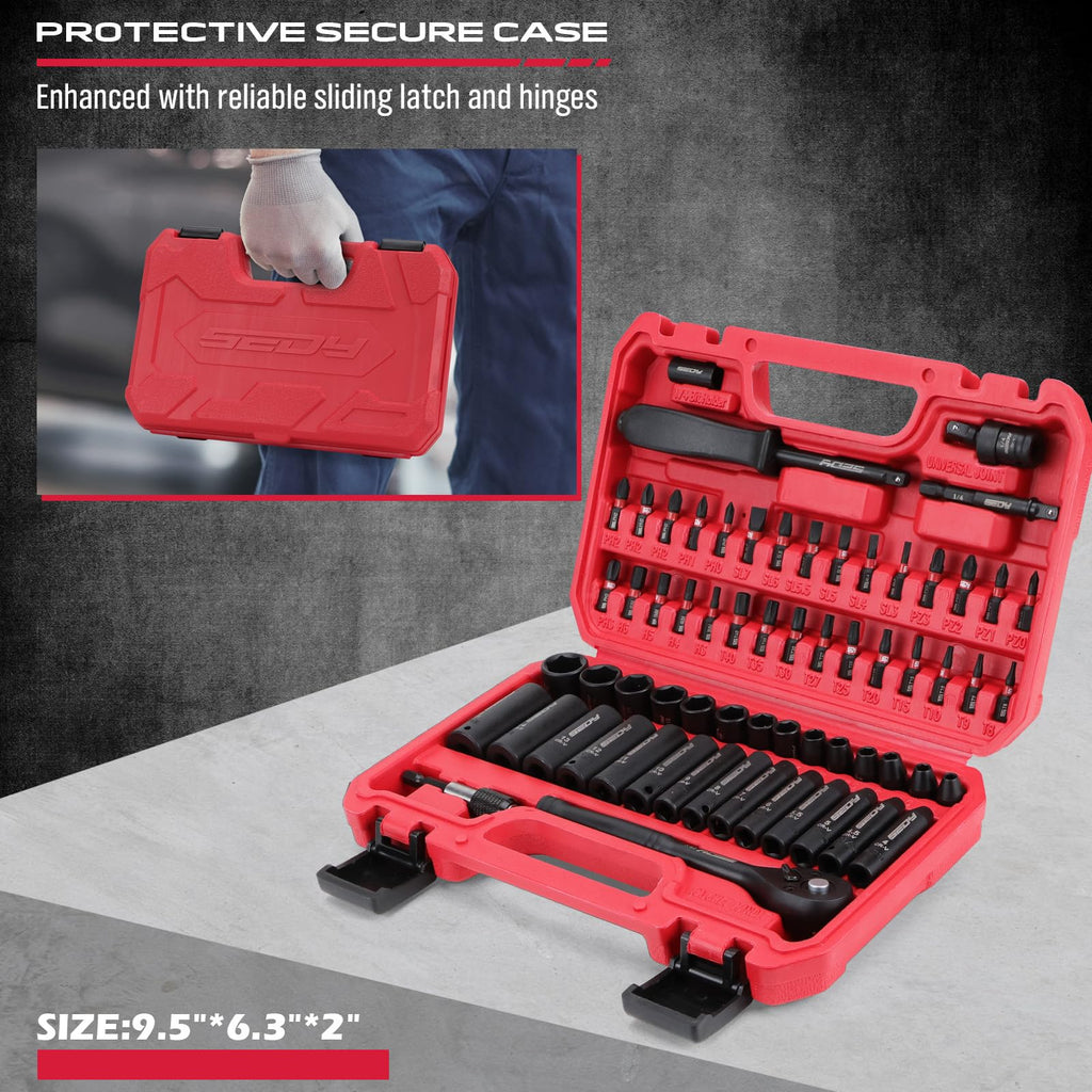 64-Piece 1/4" Drive Impact Socket Wrench Driver-Bits Set, Cr-V Metric&SAE Deep and Shallow Socket Set, S2 Power Bits with Quick-Release Ratchet Handle, Universal Joint, Bit Holder, Power Drill Adapter