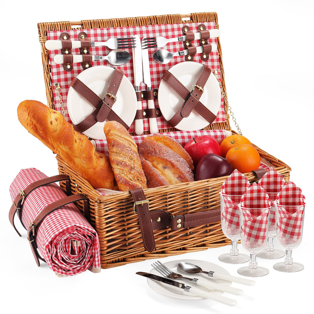 HYBDAMAI Picnic Basket for 4 Persons with Waterproof Picnic Blanket and Insulated Cooler, Large Wicker Picnic Basket for Camping, Outdoors, Valentine's Day, Christmas, Birthday, Wedding Gift