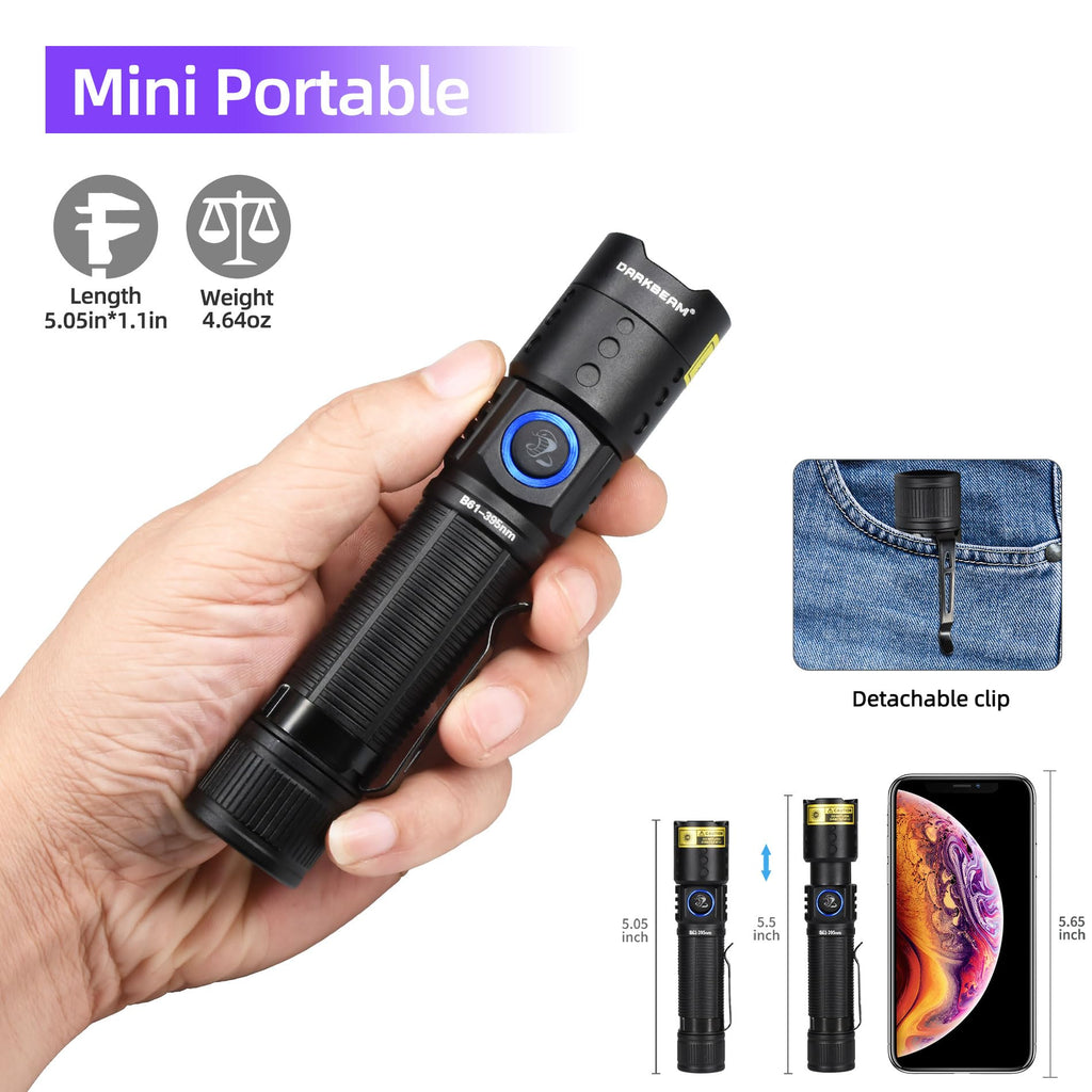 DARKBEAM UV Flashlight Black Light LED 395 NM, Ultraviolet Flashlights, Rechargeable USB-C Woods Lamp, Water Resistant Focusable, for Leak Detection and Curing UV Resin