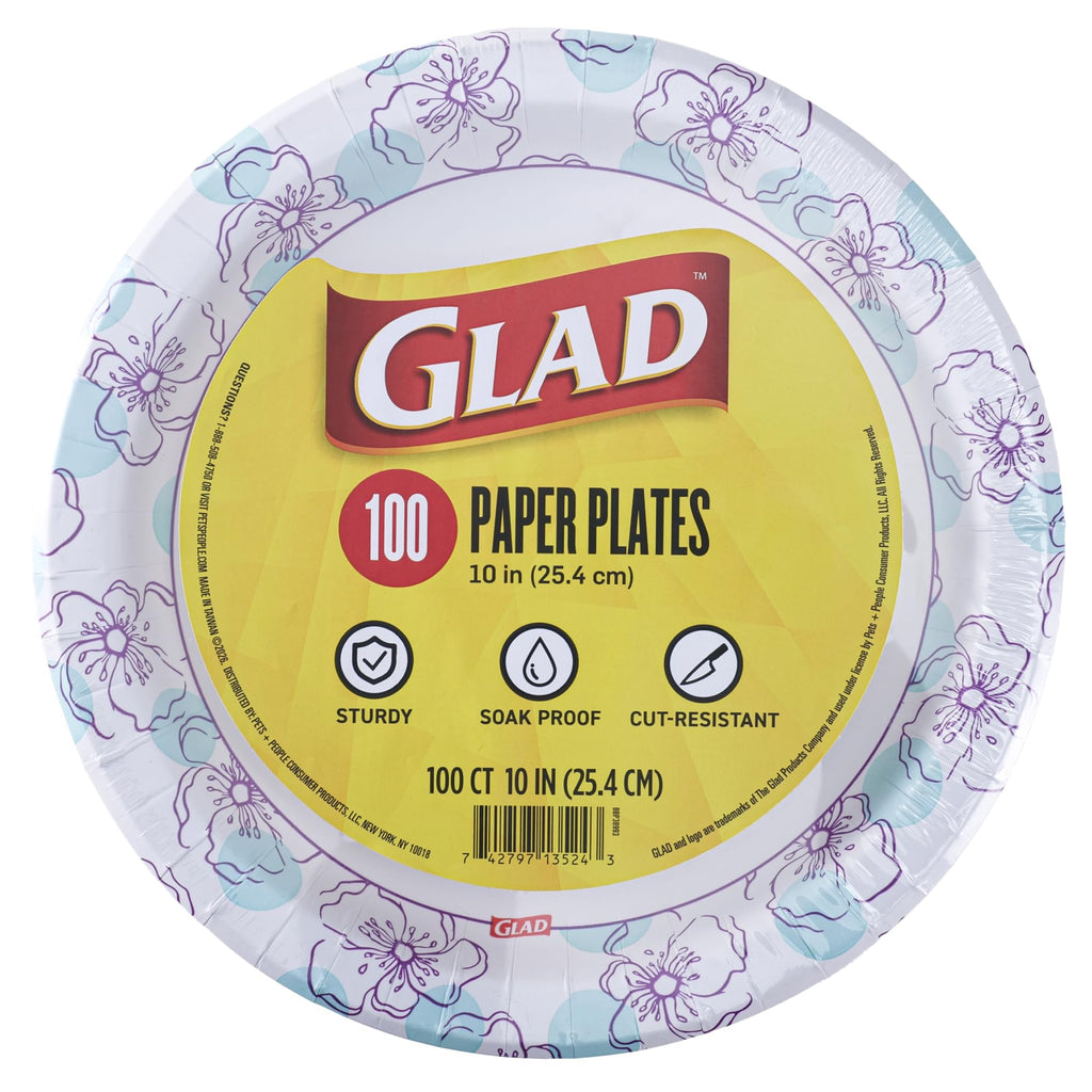 Glad Round Disposable Paper Plates, Blue Flower Design, 10 Inch, 100 Count – Soak-Proof & Cut-Resistant – For Dinner, Snacks & Everyday Use