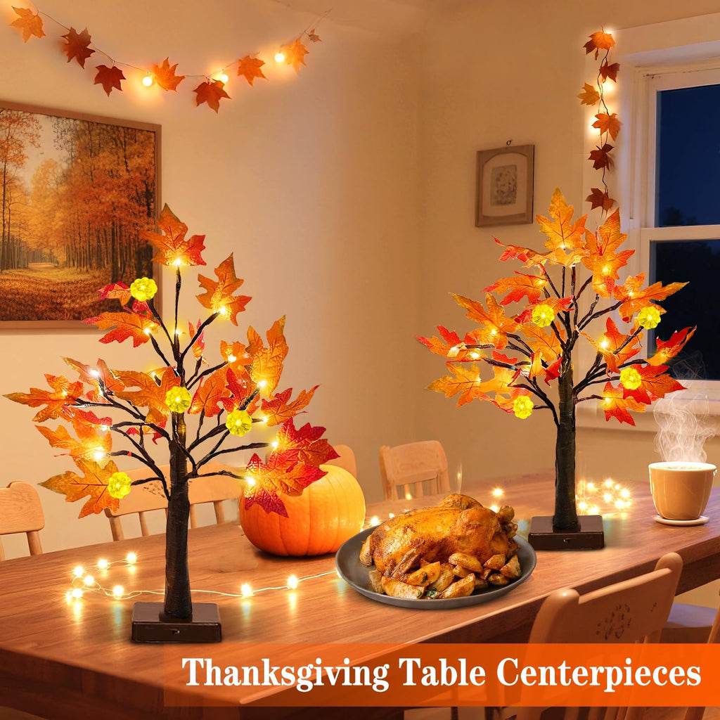 TURNMEON Fall Decor 2 Pack 24 Inch Prelit Fall Maple Tree 48 LEDs Timer
