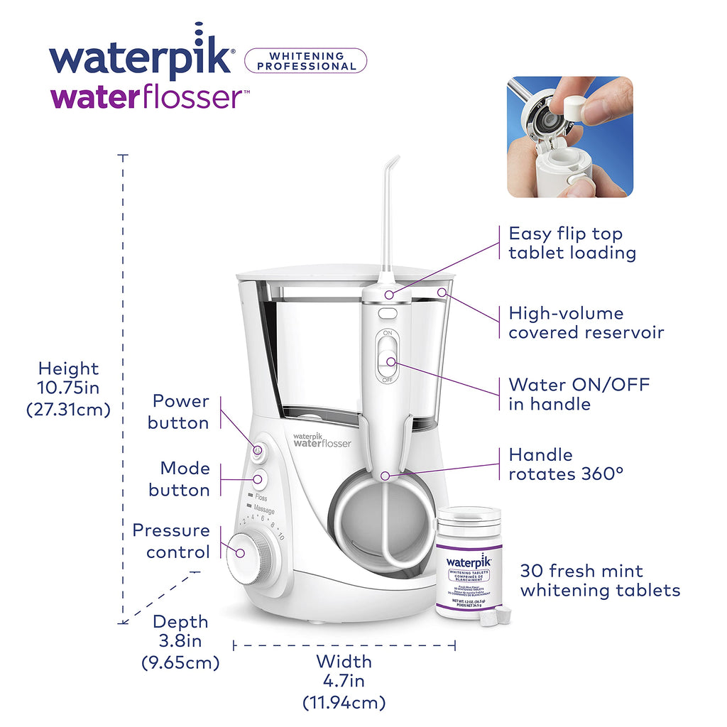 Waterpik Whitening Professional Water Flosser, Electric Power With 10 Settings, 30 Whitening Tablets, Whitens Teeth Gently, White WF-05