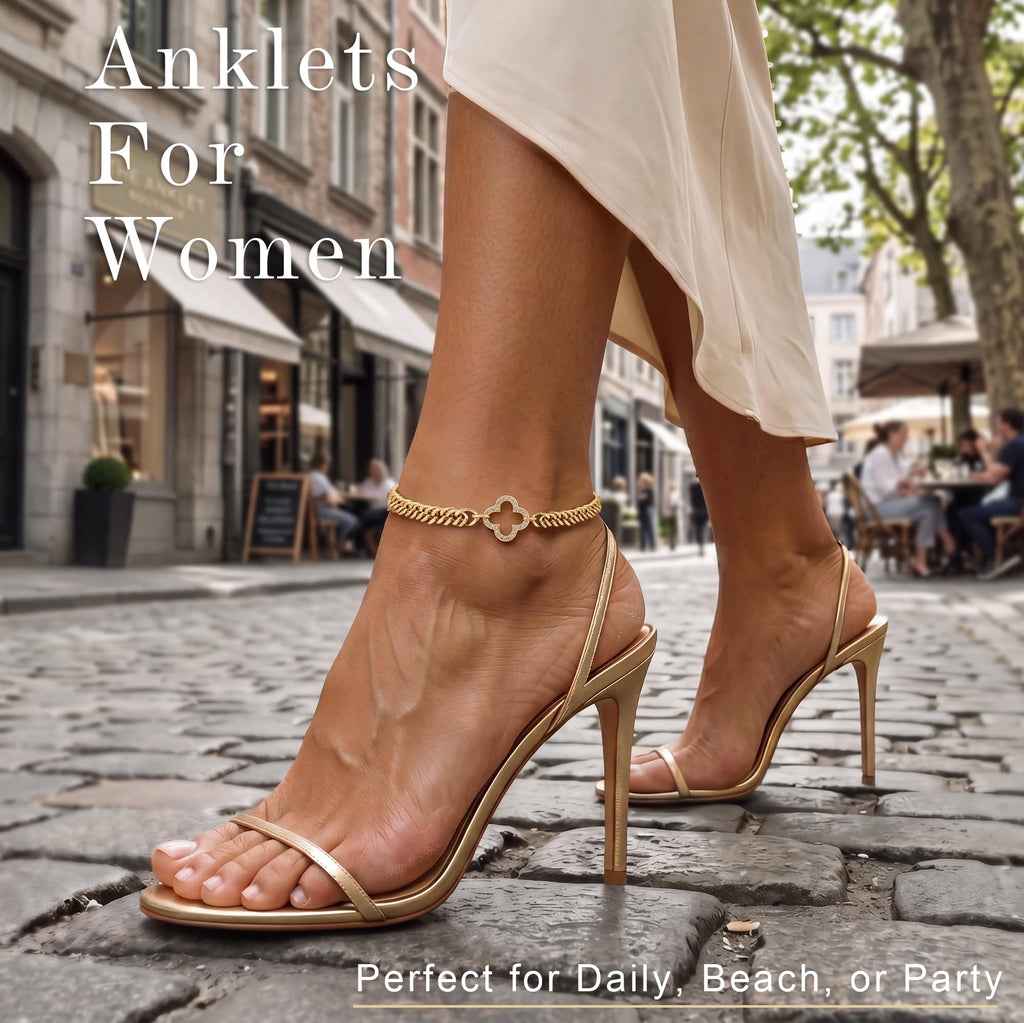 Gold Ankle Bracelets for Women, Waterproof Gold Plated Clover CZ Anklet