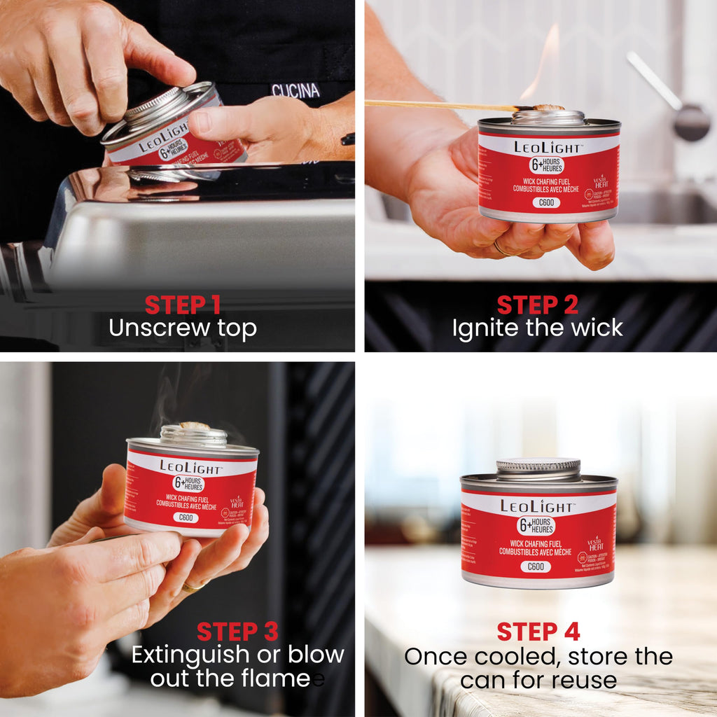 6 Pack Chafing Fuel 6 Hour Burn – Odorless, Smokeless & Spill-Proof Wick, 7oz Food Warmer Fuel for Chafing Dish Buffet Set & Catering Use, LeoLight