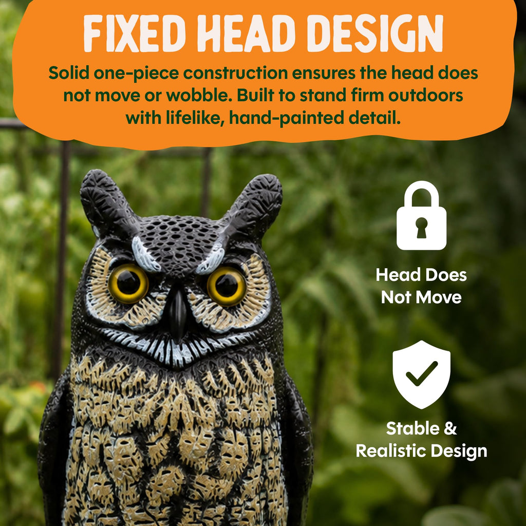Dalen Lifelike Great Horned Owl Decoy Bird Repellent - 16in Hand-Painted Scarecrow for Gardens & Rooftops, Owl Bird Deterrent, Fixed-Head Design, Fill Base with Sand/Gravel Only - Multicolor