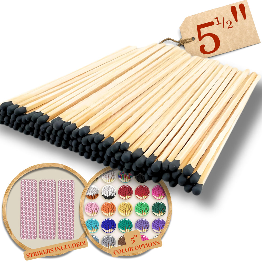 100 Count | 5.5" Black Safety Matches | Strikers Included | Color Tip Wooden Match | Refill for Matchstick Jars, Candle Display, Holders & Bottles | 5 1/2 in inches Long