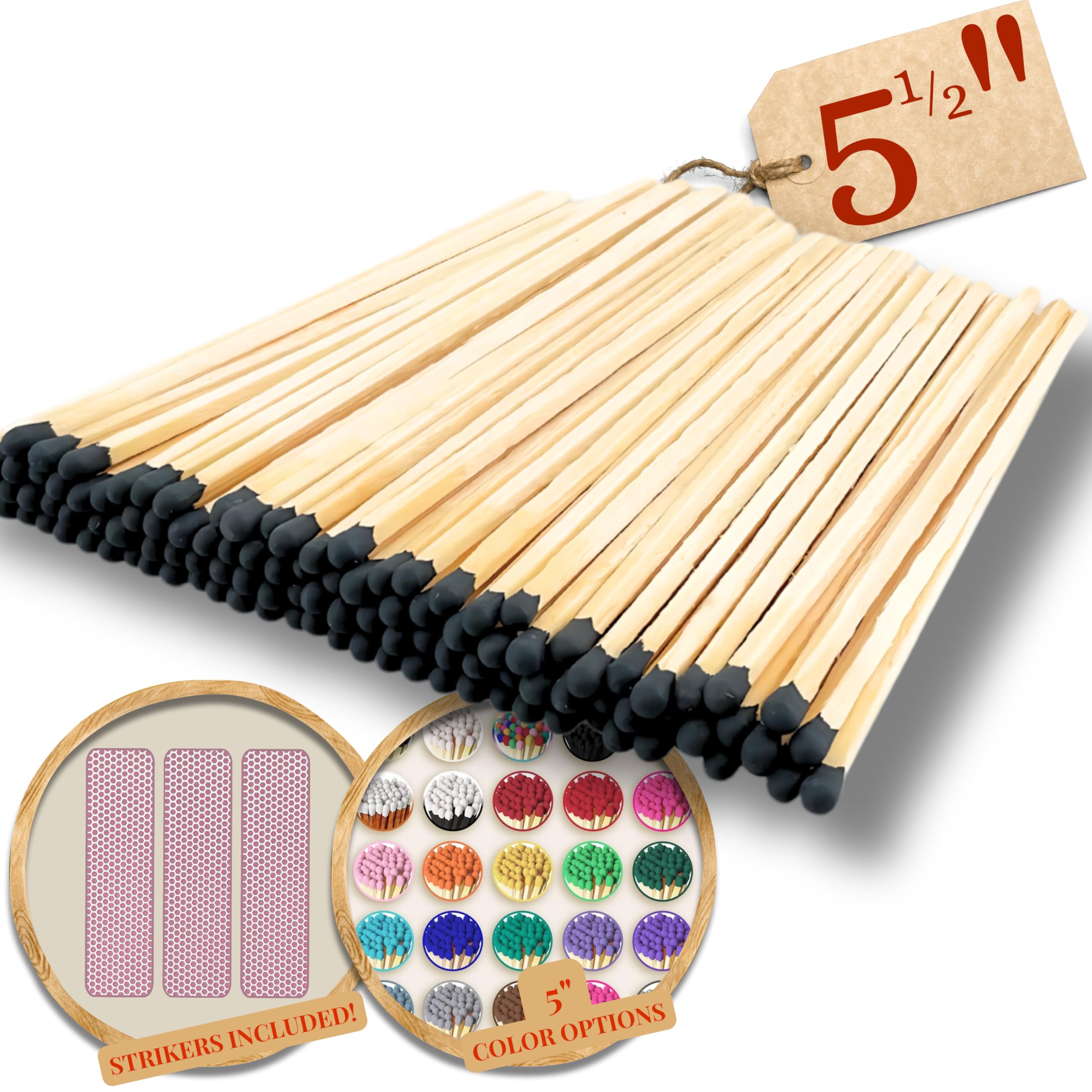 100 Count | 5.5" Black Safety Matches | Strikers Included | Color Tip Wooden Match | Refill for Matchstick Jars, Candle Display, Holders & Bottles | 5 1/2 in inches Long
