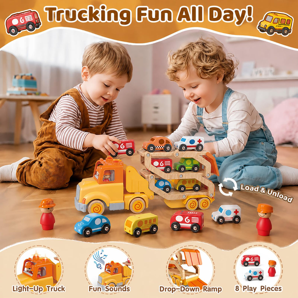 Toddler Toys for 2 3 4 5 Years Old Kids, Transport Car Carrier Truck Toy with 6 Wooden Vehicle, 30in Foldable Track Trailer with Light & Sound Effects, Best Gift Choice for Christmas, Birthday