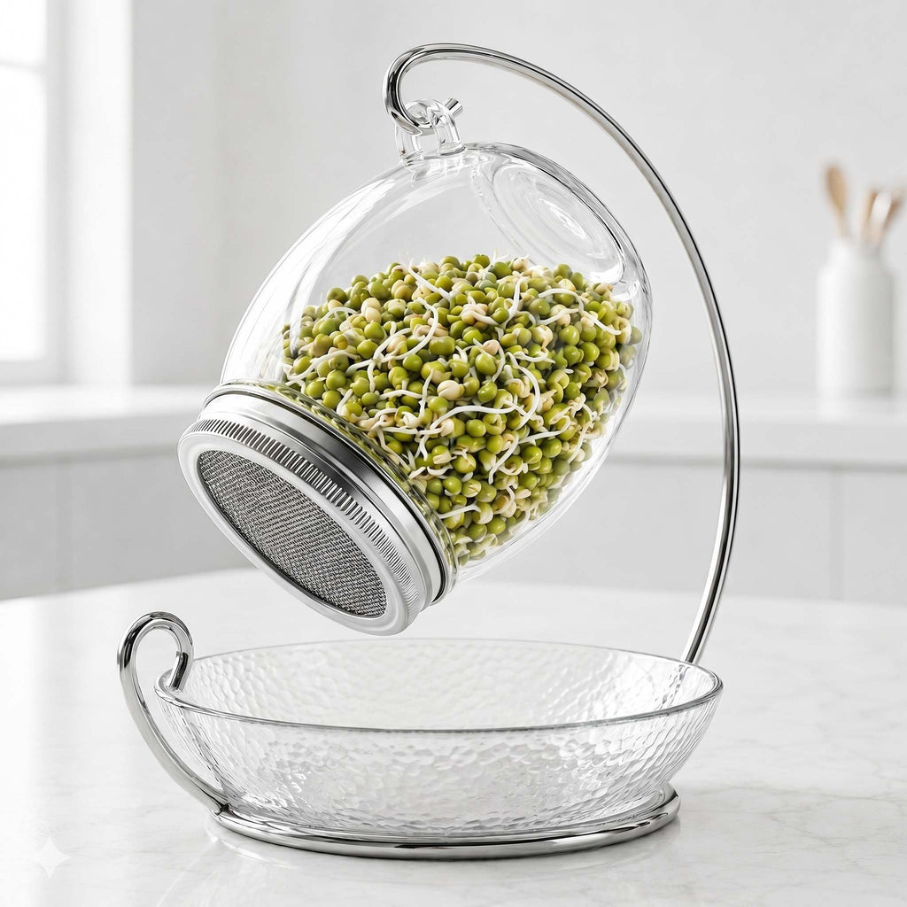 ALCEDIA Premium Sprouting Jar Kit - Unique 30 oz Wide Mouth Sprouting Jar, Stand, Tray and 316 Stainless Screen Lid | Decorative Indoor Seed Sprouter and Germinator (1 Kit)