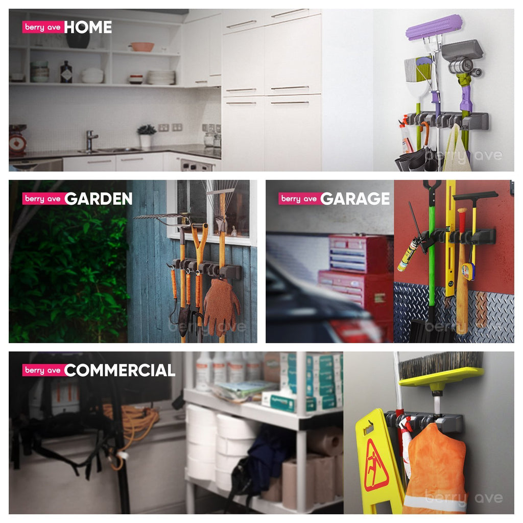 Broom Holder Wall Mount, Mop and Broom Organizer – Wall Mounted Broom Rack & Mop Rack, Rack for Brooms and Mops | Broom Hanger Wall Mount with 5 Slots & 6 Hooks, Kitchen Garage Laundry Garden