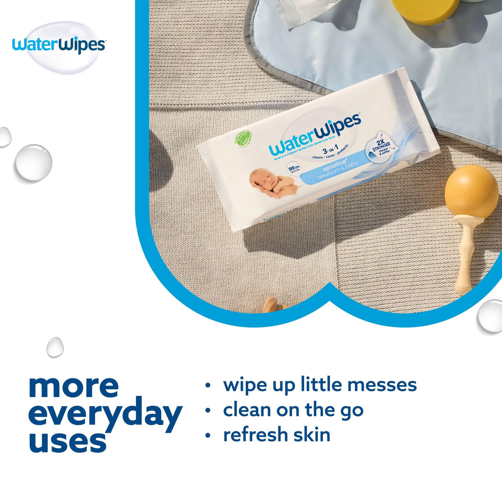 WaterWipes Sensitive+ Newborn & Baby Wipes, 3-In-1 Cleans, Cares, Protects, 99.9% Water, Unscented & Hypoallergenic, 300 Count (5 Packs)