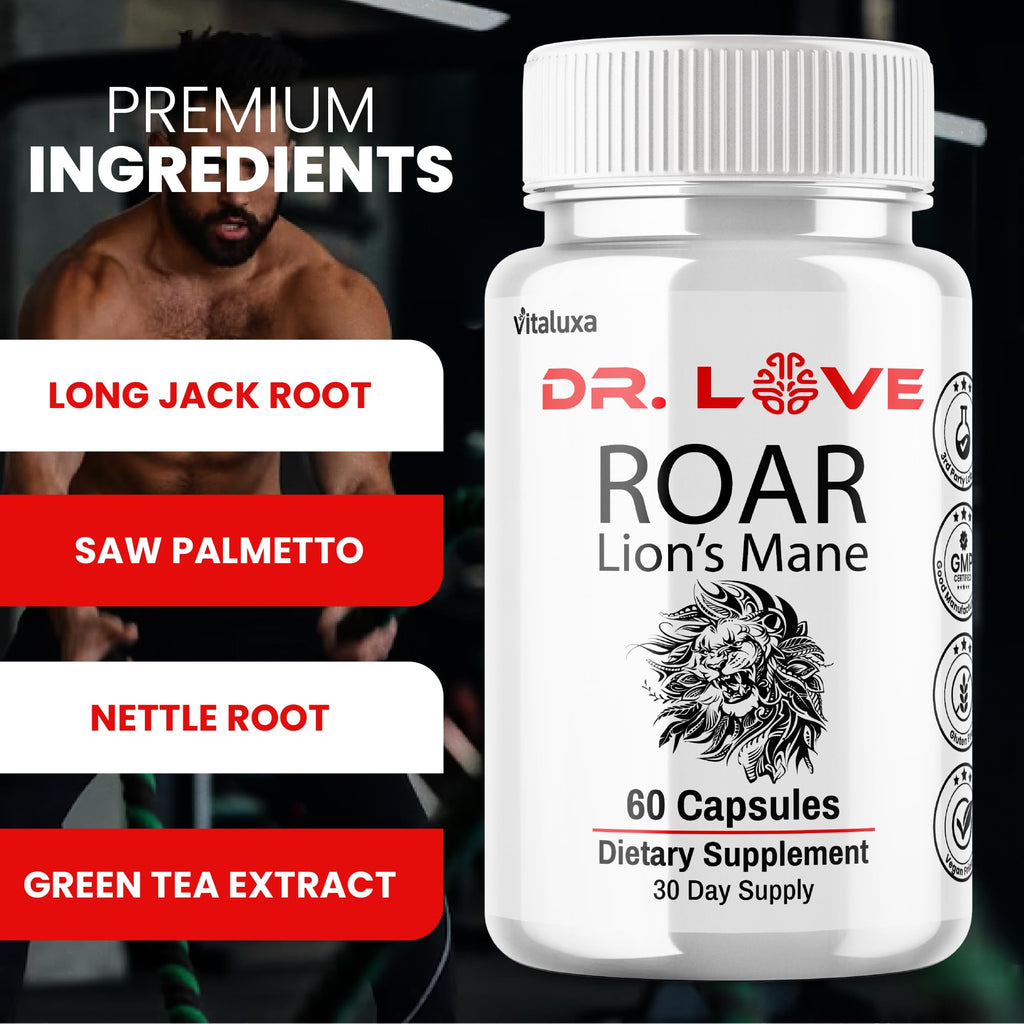 Dr. Love Roar Lions Mane Supplement Capsules, Dr.Love Roar Lion’s Mane Plus Pills Brain and Focus Premium Advanced Official Formula, Doctor Love All Natural Support Pills, Made in USA (60 Capsules)