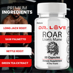 Dr. Love Roar Lions Mane Supplement Capsules, Dr.Love Roar Lion’s Mane Plus Pills Brain and Focus Premium Advanced Official Formula, Doctor Love All Natural Support Pills, Made in USA (60 Capsules)
